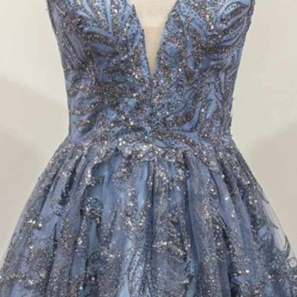 NEW SMOKEY BLUE FLORAL GLITTER PRINT Evening BALL EVENING PARTY GOWN Dress CD812 - Picture 6 of 7